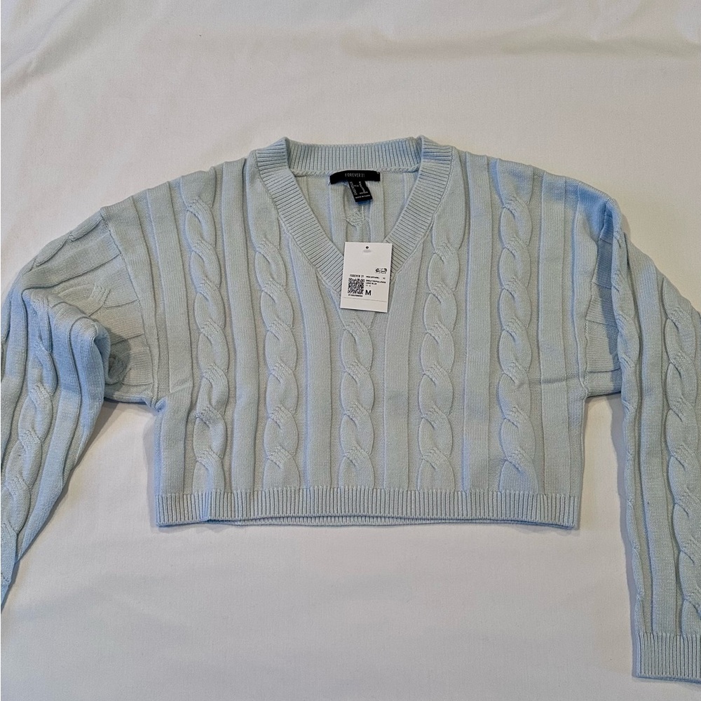 Forever 21 White V-Neck Cropped Cable Knit Sweater Blue - Medium